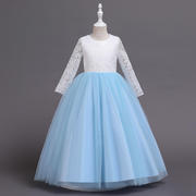 欧美儿童礼服裙女童长袖，蕾丝镂空拖地婚纱，公主连衣裙钢琴演出长裙