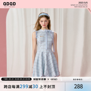 QDQD 原创设计蝴蝶结小清新蓝色格子连衣裙女夏季无袖甜美花苞裙