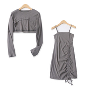 时尚套装春外贸女装不规则，长袖棉t恤+褶皱吊带裙两件套16432