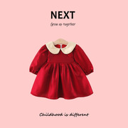 英国next女宝宝娃娃，领连衣裙秋季长袖公主裙子，婴儿红色周岁宴礼服
