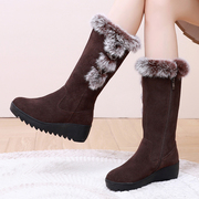真皮保暖雪地靴冬季厚底防滑中筒靴大码加绒女靴坡跟兔毛加厚棉鞋