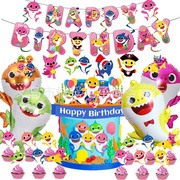 卡通鲨鱼宝宝儿童生日派对装饰用品海洋横幅，拉旗蛋糕插旗气球