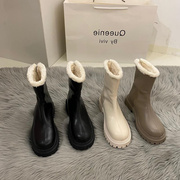 香港马丁靴子女秋冬2023长筒韩版法式时尚，加绒雪地靴加厚短靴