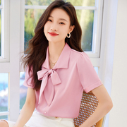 高级感短袖雪纺衬衫女夏季系带韩版甜美开衫英伦风衬衫上衣潮