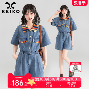 keiko甜酷风牛仔连体裤女2024夏季设计感减龄显瘦连衣短裤连身裤