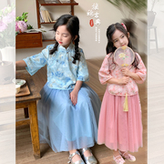 mini旦女童装短袖旗袍裙，套装2023夏季儿童，中国风汉服裙两件套