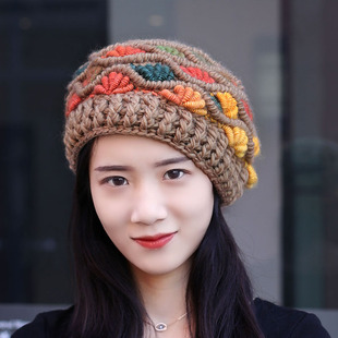帽子女秋冬季时尚加绒保暖厚实贝雷帽钩花拼色羊毛线针织帽显气质
