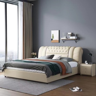皮艺床简约现代大气双人床，主卧婚床1.8米真皮床，软床意式轻奢储物