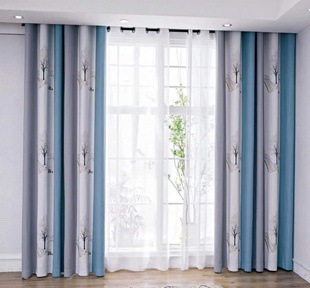 无缝拼接客厅窗帘全遮光卧室，现代简约防晒加厚棉麻成品一整套