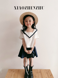小珍珠XZZ“日漫校园”夏季清新海军风女童短袖T恤短裤套装