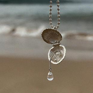 沙滩拾贝可开合s925银贝壳盒子吊坠珍珠贝壳白水晶水滴项链女