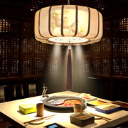 新中式吊灯复古带射灯餐厅包间，布艺古典创意灯具，圆形茶楼过道灯笼