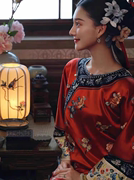 新中式晨袍红色印花连衣裙，国风改良旗袍2024春季订婚礼服大袖