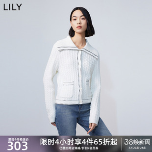 LILY2024春女装含绵羊毛复古大翻领气质通勤修身白色针织开衫