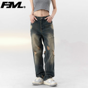 F3ML 做旧潮牌牛仔裤男女款秋季美式高街直筒宽松阔腿裤子男