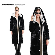 aoaokoko超级保暖中长款羽绒服，加绒加厚黑色，亮面防寒大衣外套女