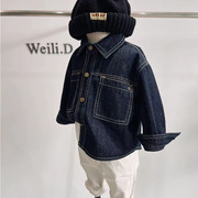 韩版男童牛仔衬衫外套 秋装男宝宝开衫立领毛衣三件套高端走秀帅