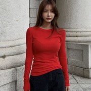 韩国东大门红色洋气女式长袖显瘦百搭长款t恤春秋冬装针织打底衫