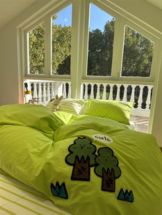 荧光绿小树毛巾绣床上纯棉，四件套1.5m1.8公寓全棉床单被套三件套