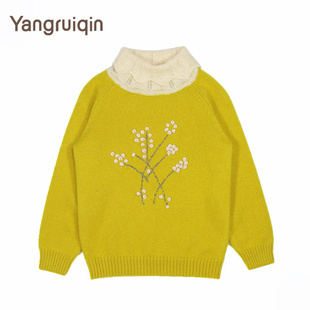 Yangruiqin儿童毛衣半高领花边复古针织衫柠檬黄女宝宝羊绒衫厚