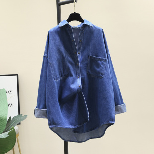 深蓝色设计感牛仔衬衫女2024春季韩版中长款单口袋(单口袋)宽松bf外套