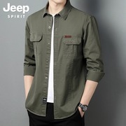 jeep吉普军绿衬衫男长袖，春季美式宽松大码多口袋工装衬衣男士外套