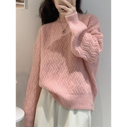 粉色毛衣女宽松慵懒风秋冬季2023设计感小众内搭套头针织上衣