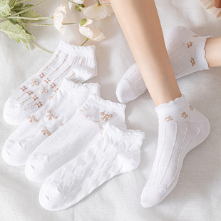 白色袜子女短袜纯棉ins潮女士，短筒薄款女袜日系花边女款可爱船袜