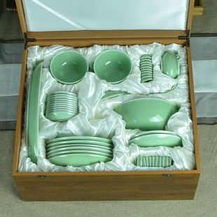 龙泉青瓷52头10人家用组合陶瓷碗盘子碟32头中式餐具套装送礼盒装