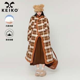 keiko夹棉高级感格纹长绒毛呢，大衣女冬季美德拉斗篷形呢子外套
