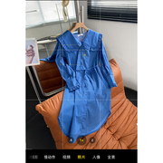 韩版蓝色条纹单排扣长袖连衣裙娃娃领宽松中长裙时尚休闲洋气
