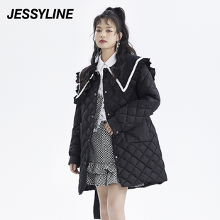 2折特卖款jessyline女装，秋冬杰茜莱黑色，娃娃领羽绒服女