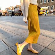 孕妇半身裙女夏季薄款高级感小个子黄色，雪纺中长款开叉百褶长裙潮
