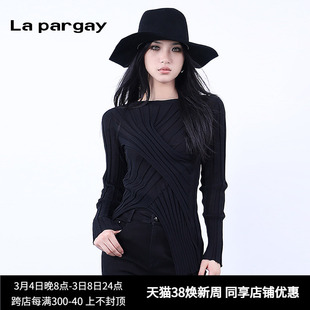 纳帕佳不规则设计圆领套头毛衫2024春季女式黑色个性修身上衣