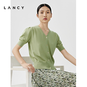 lancy朗姿2024春季中袖v领气质，羊毛开衫女短款修身针织上衣