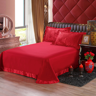 结婚床单双人大红单品大床婚庆，三件套纯色飞边，磨毛床上枕套1.8床