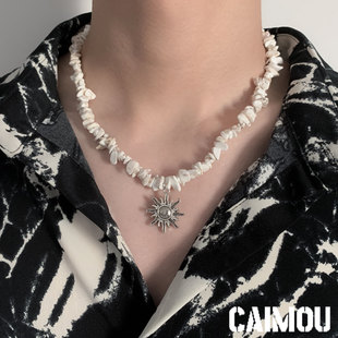 CAIMOU中式复古太阳花石头项链男女高级感小众设计毛衣链大气高档