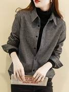 灰色磨毛格子衬衫女士，2023秋冬季韩版洋气长袖polo领衬衣外套