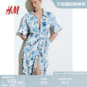 hm腰部系带衬衫式连衣裙2024夏季印花女装，短袖中长裙1217576