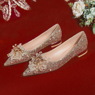 水晶平底婚鞋孕妇可穿香槟色亮片，新娘鞋女秀禾主，婚纱两穿婚礼单鞋