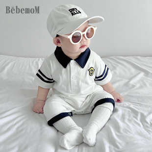 婴幼儿童装夏季短袖棉质男宝0-1岁帅气POLO领海军风连体衣哈