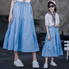 夏季女童蓝色长款半身裙童装，日系宽松休闲蛋糕，裙中大儿童裙子