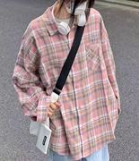 日韩系甜美嫩粉色格子衬衫外穿女宽松休闲显瘦中长款衬衣开衫潮