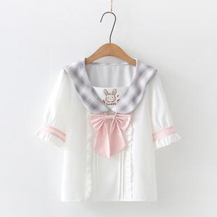 日系清新甜美少女可爱兔子刺绣海军雪纺，jk短袖白衬衫学生衬衣夏女