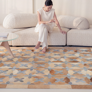 莫兰迪色系地毯 中古棋盘格子格纹现代轻奢客厅卧室真牛皮沙发垫