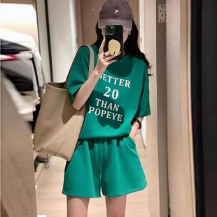 跨境时尚休闲运动套装夏季学生，韩版宽松显瘦短袖绿色休闲两件套