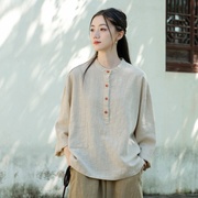 新中式棉麻上衣女2024年春夏禅意女装原创国风立领套头衬衫