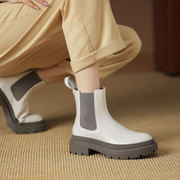 真皮白色短靴马丁靴女2022秋季中筒靴子厚底切尔西靴烟筒靴