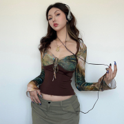#FabGirls# 沼泽女妖网纱印花拼接抽褶胸型长袖T恤 修身复古上衣