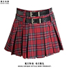 KLNG GIRL夏季新美式学院风红色格子半身裙高腰复古双腰带百褶裙